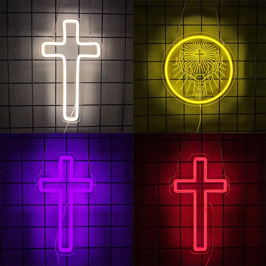 Insegne al neon della serie Cross, la croce di Gesù viene utilizzata per la decorazione della parete, alimentate tramite USB, camera, soggiorno, matrimonio, chiesa, lampada da parete pasquale.