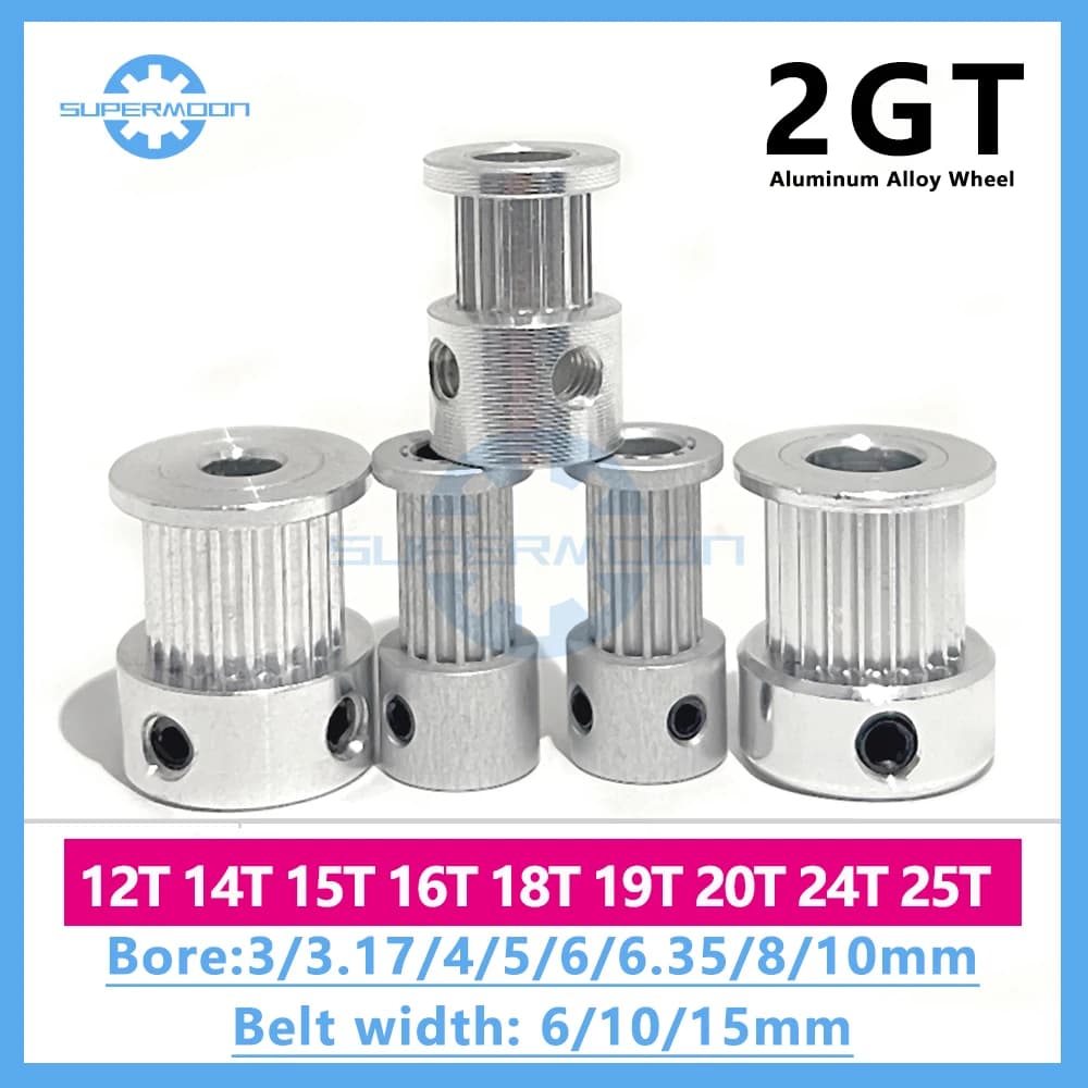 Puleggia 2GT 14T 15T 16T 17T 18T 20 denti GT2 Puleggia dentata Foro 3/3.17/4/5/6/6.35/8mm Larghezza cinghia 6/10/15mm Puleggia sincrona