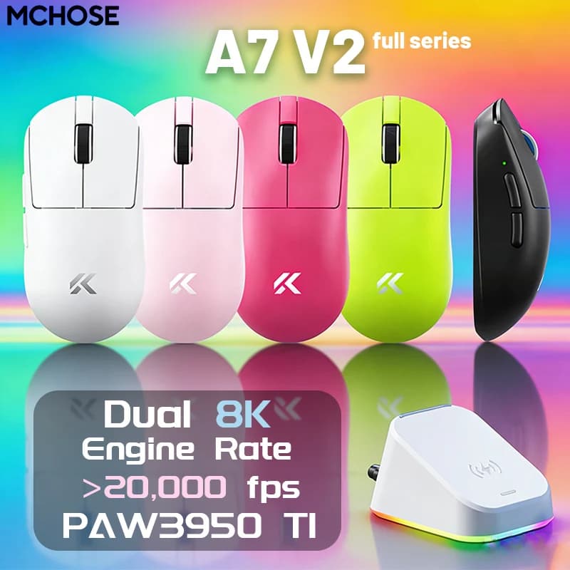 MCHOSE A7V2 Ultra Plus Light Wireless Game Mouse Double Poling Frequency 8,000 Hz PAW3950 TI Gaming Esports Office Mouse