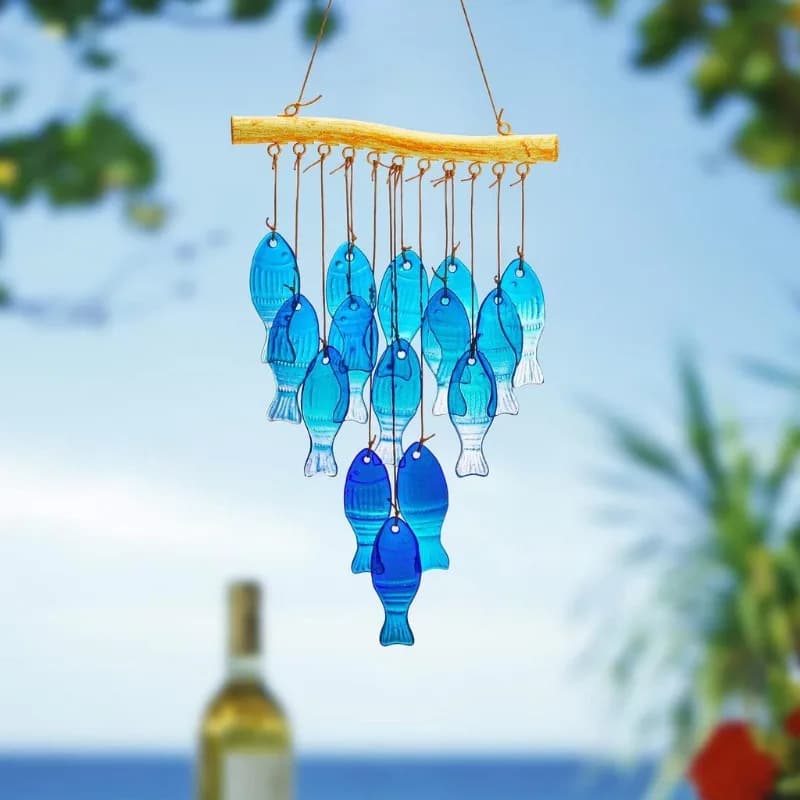 23Inch Blue Glass Sea Wind Chimes-Handmade Fish-Shaped Wind Chimes, Suitable for Outdoor, Beach