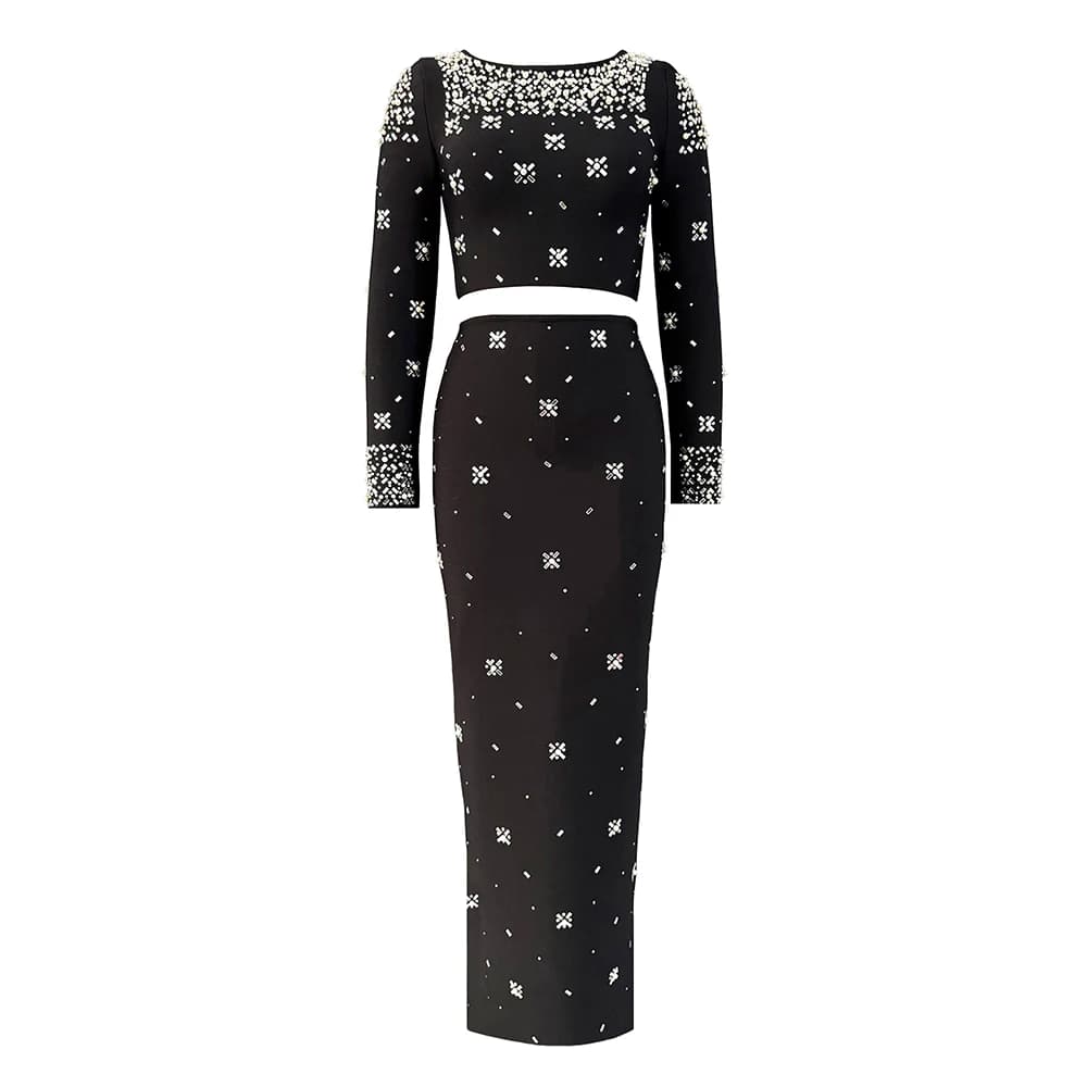 Set di bende per le donne Autunno Inverno Nuove magliette a maniche lunghe Gonne aderenti Set di due pezzi Club Party Abbigliamento con perline