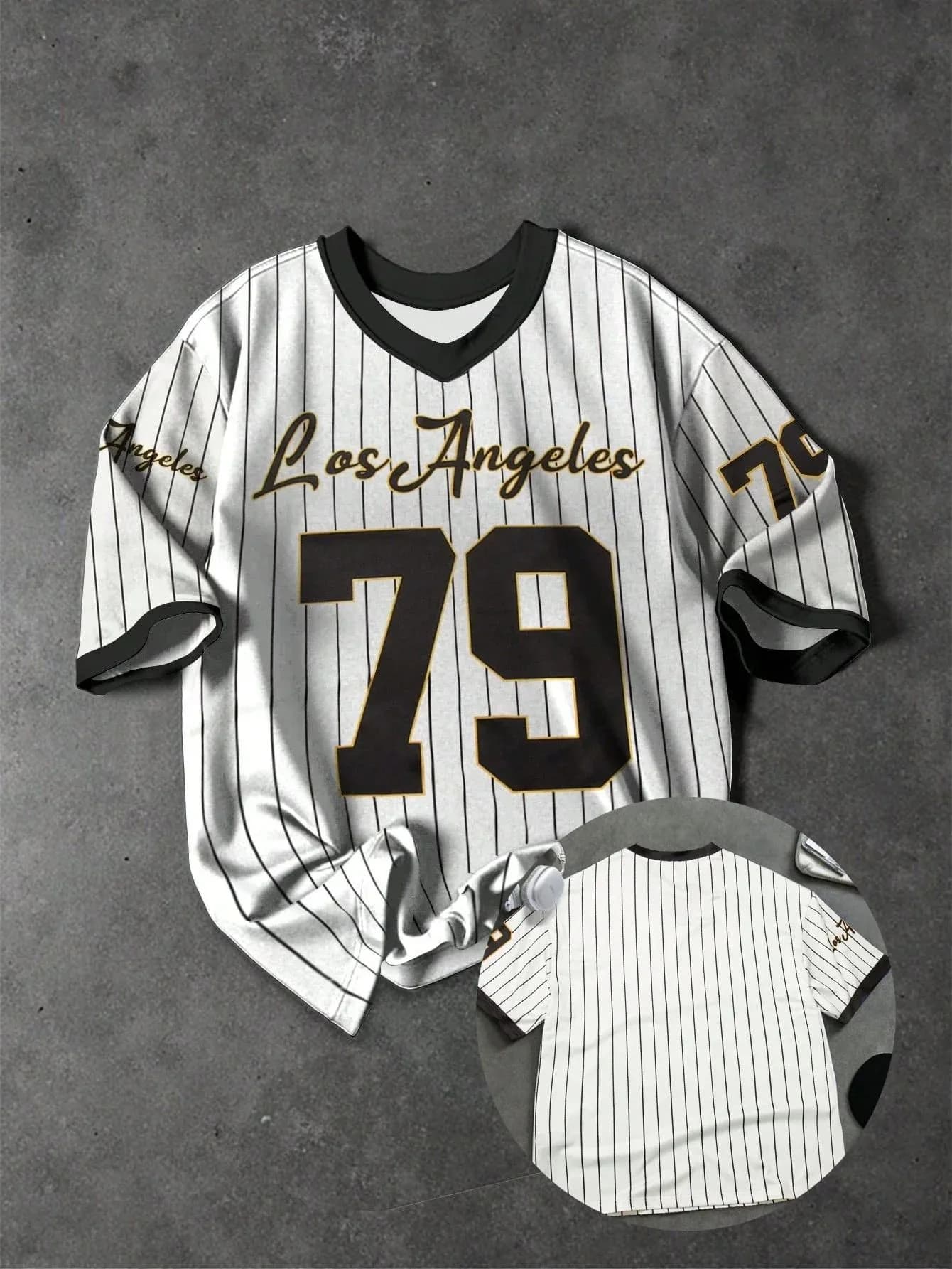 T-shirt con scollo a V traspirante e confortevole con stampa a righe per la moda estiva da uomo europea e americana, top sportivo casual per l'outdoor