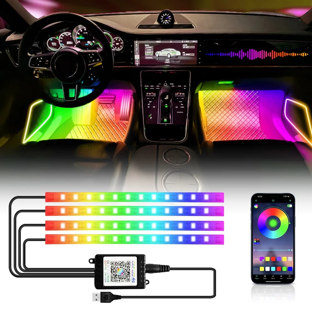 Neon 48 72 LED Luce ambientale per interni auto con USB Wireless Remote Music App Control Lampade decorative per atmosfera RGB automatica
