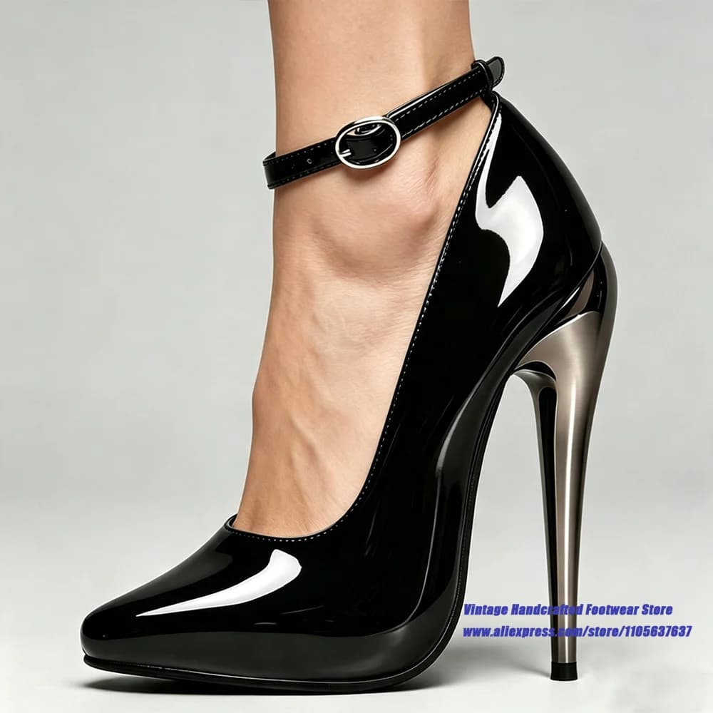 Women's Pointed Toe Platform Pumps Patent Leather Ankle Strap Buckle Metallic Stiletto High Heels Sandalias De Mujer Verano
