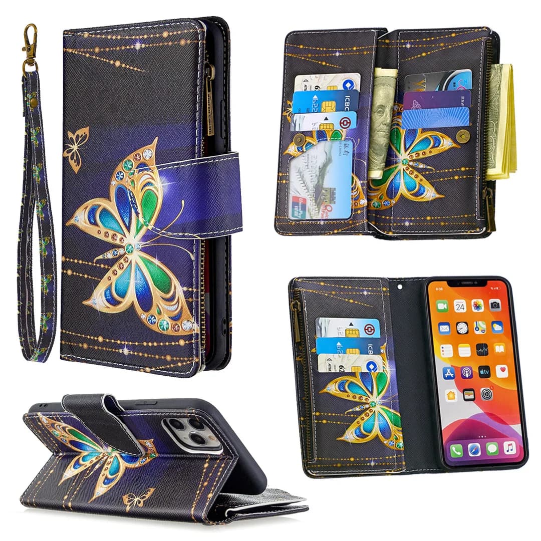 Custodia a portafoglio in pelle con cerniera e stampa 3D per Xiaomi POCO C55 C31 M4 Pro M3 X5 X4 X3 NFC F5 F3, con 9 scomparti per carte e laccetto, a libro