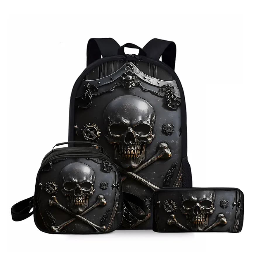 Skull Three Piece Set Backpacks for Boy and Girls Best Gifts 2D Flat Cartoon School Backpack for Children