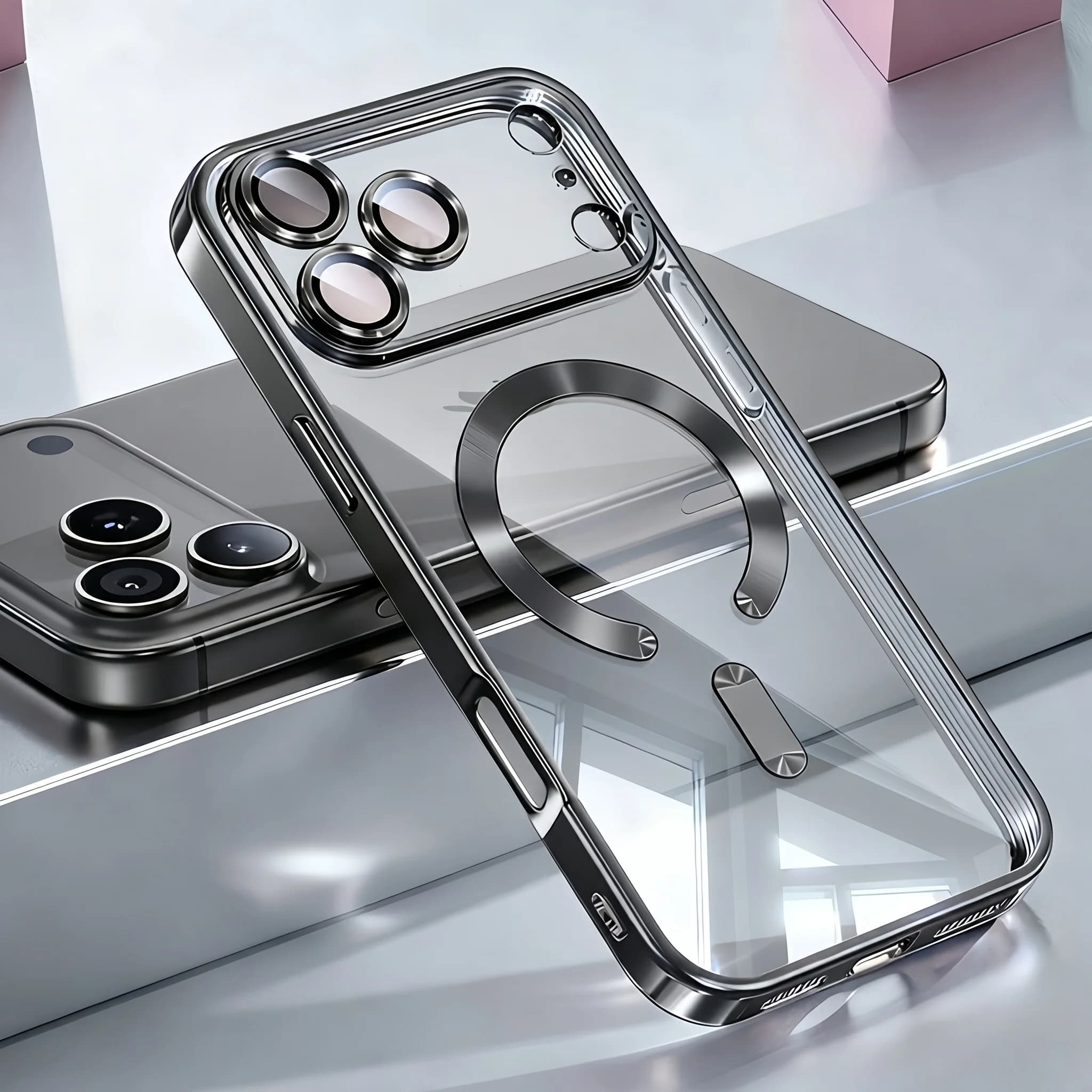 Custodia Magnetica Trasparente di Lusso con Elettroplaccatura per iPhone 17 Air 16 15 14 13 12 11 Pro Max Plus, Protezione Lente, Cover Posteriore Morbida