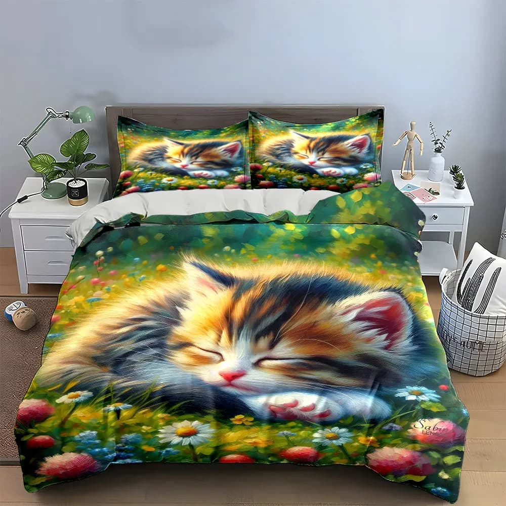 Set di biancheria da letto con decorazioni floreali a tema gattini, con 1 copripiumino e 2 federe, disponibile nelle misure singolo, matrimoniale, king e queen, idea regalo