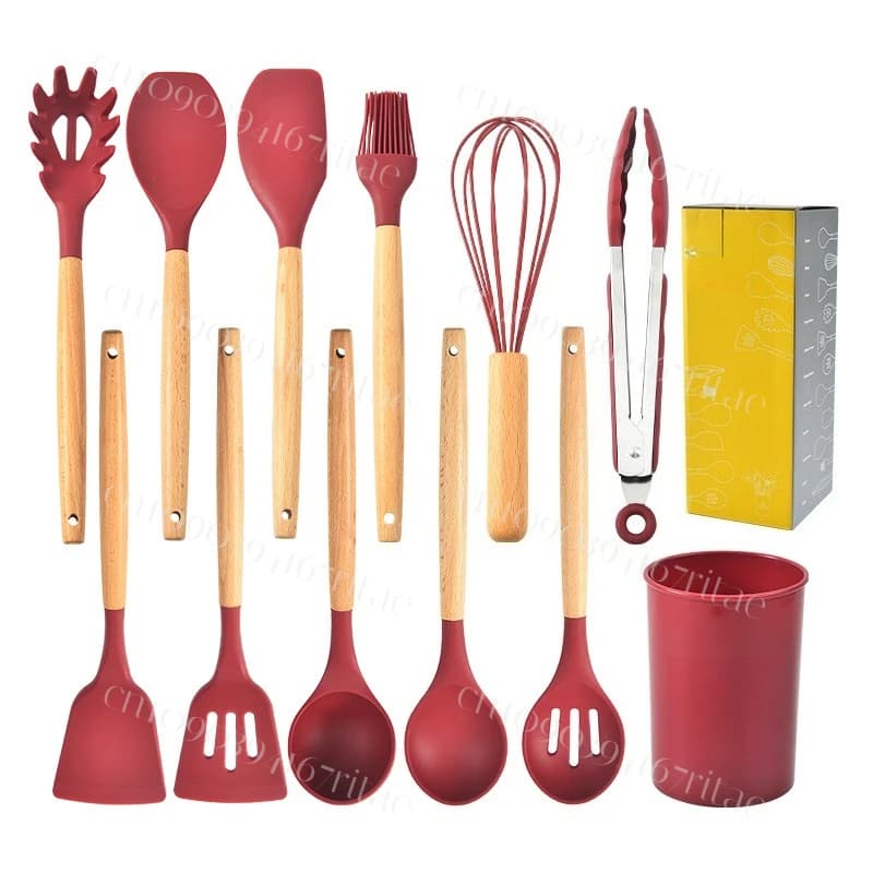 12-piece silicone kitchen utensils set with wooden handle, non-stick pan, scraper, bucket for storage, kitchen utensils