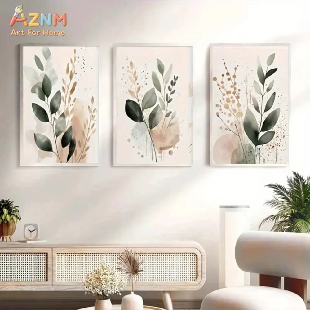 AZNM Boho Watercolor Green Leaf Canvas Wall Art Neutral Beige Blot Plant Print Unframed Canvas Painting for Living Room Bedroom