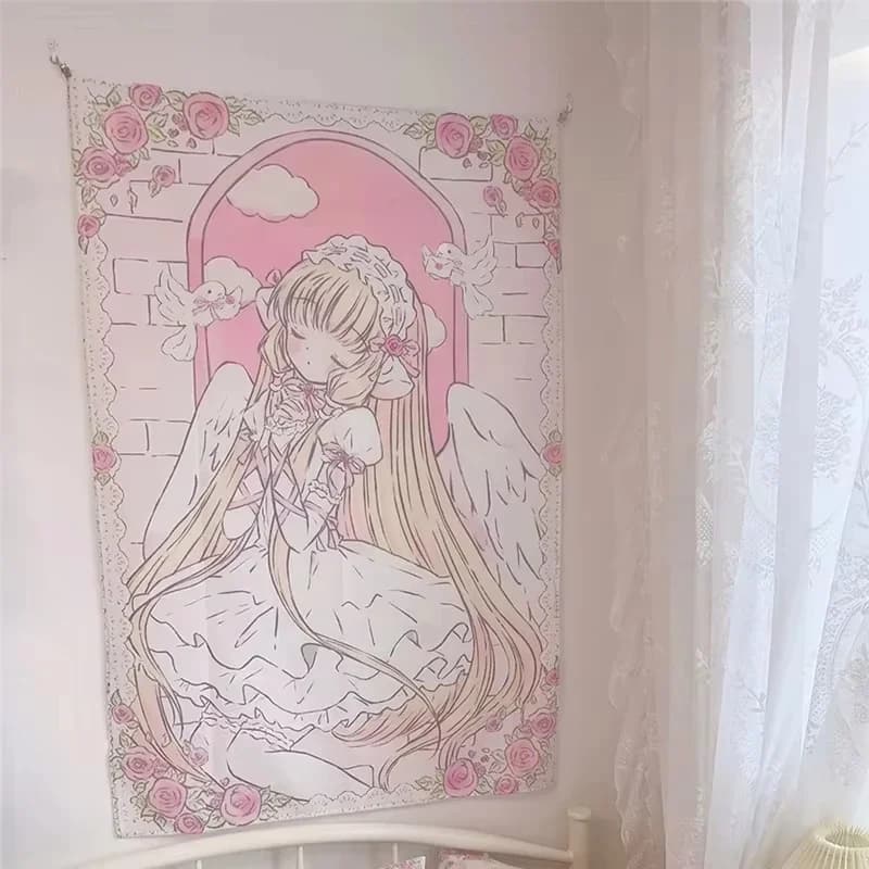Angel Girl Tapestry Pink Gold Lace Dove Arch, Anime Style Bedroom Ins Home Decoration