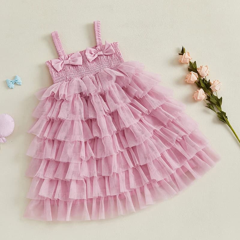 Abito da ragazza in tulle senza maniche con scollo quadrato e gonna a strati Adorabile abito da principessa per bambini con fiocco sul davanti