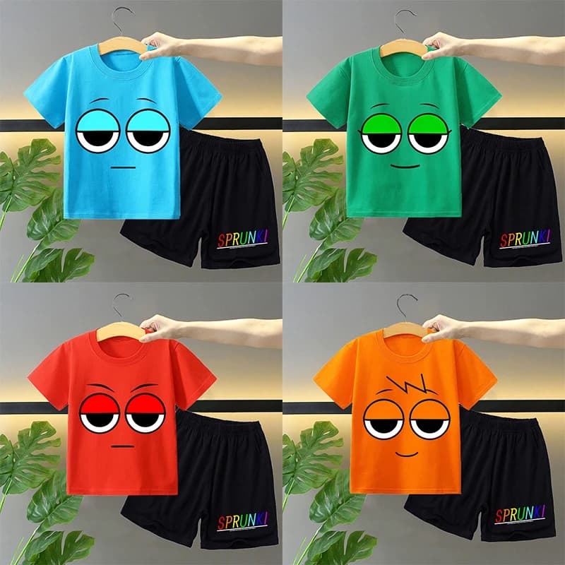Sprunki Set di 2 Pezzi T-shirt e Pantaloncini per Bambini e Bambine, Completo Estivo con Top a Maniche Corte e Pantaloni con Stampa Anime Cartoon, Regalo per Bambini