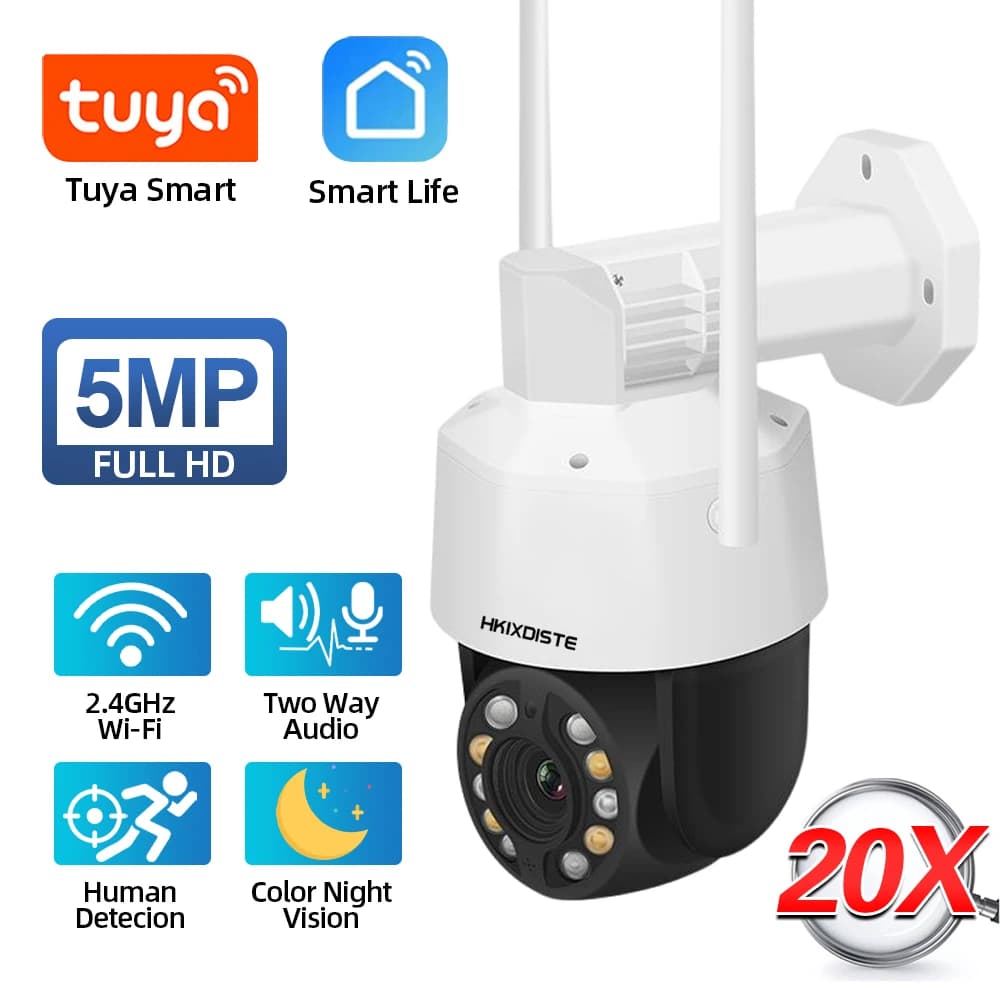 Security camera with Zoom PTZ optical Tuya 20X 5mp WiFi surveillance camera for outdoor color night vision human detection