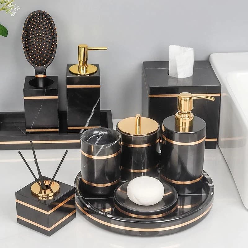 Set da bagno di lusso in marmo nero Nero Marquina con dispenser di sapone moderno dorato, portasapone portaspazzolino spa vanity organizer