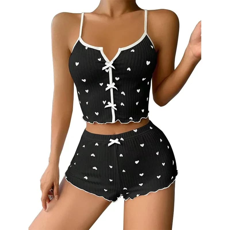 Women's Pajama Pants 2-piece Set Heart-shaped Print Contrast Color Home Wear, Front Split Halter Pajama Set Pajamas for Women