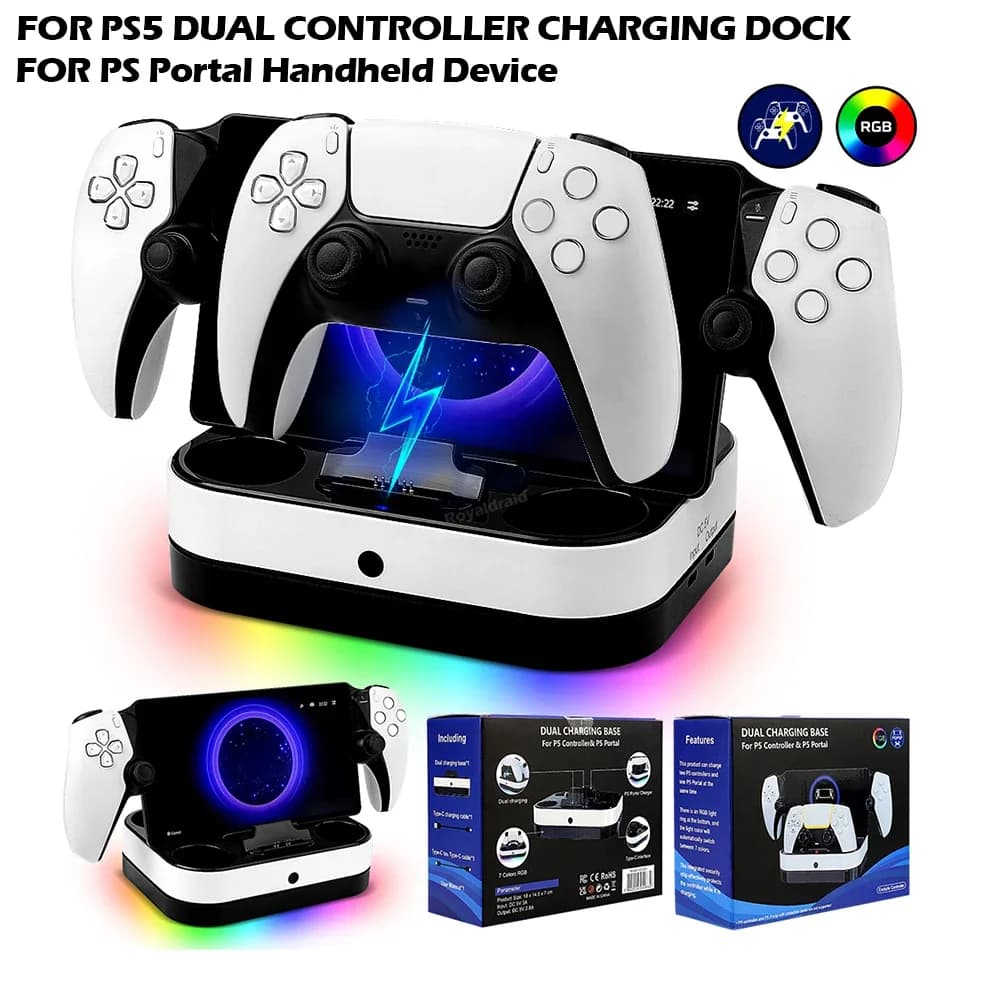 NUOVO Per PS5 Controller Caricatore Supporto Indicatore LED e Luce RGB Doppio Dock di Ricarica per Controller PS5 e Portale PS Giochi Accessori
