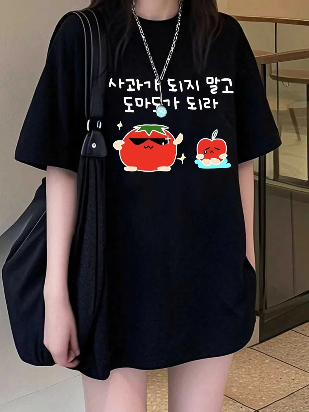 Funny Korean Slogan T-Shirt Women Don't Be An Apple Be A Tomato Graphic Tee Summer Loose Short Sleeve Harajuku Streetwear Tops