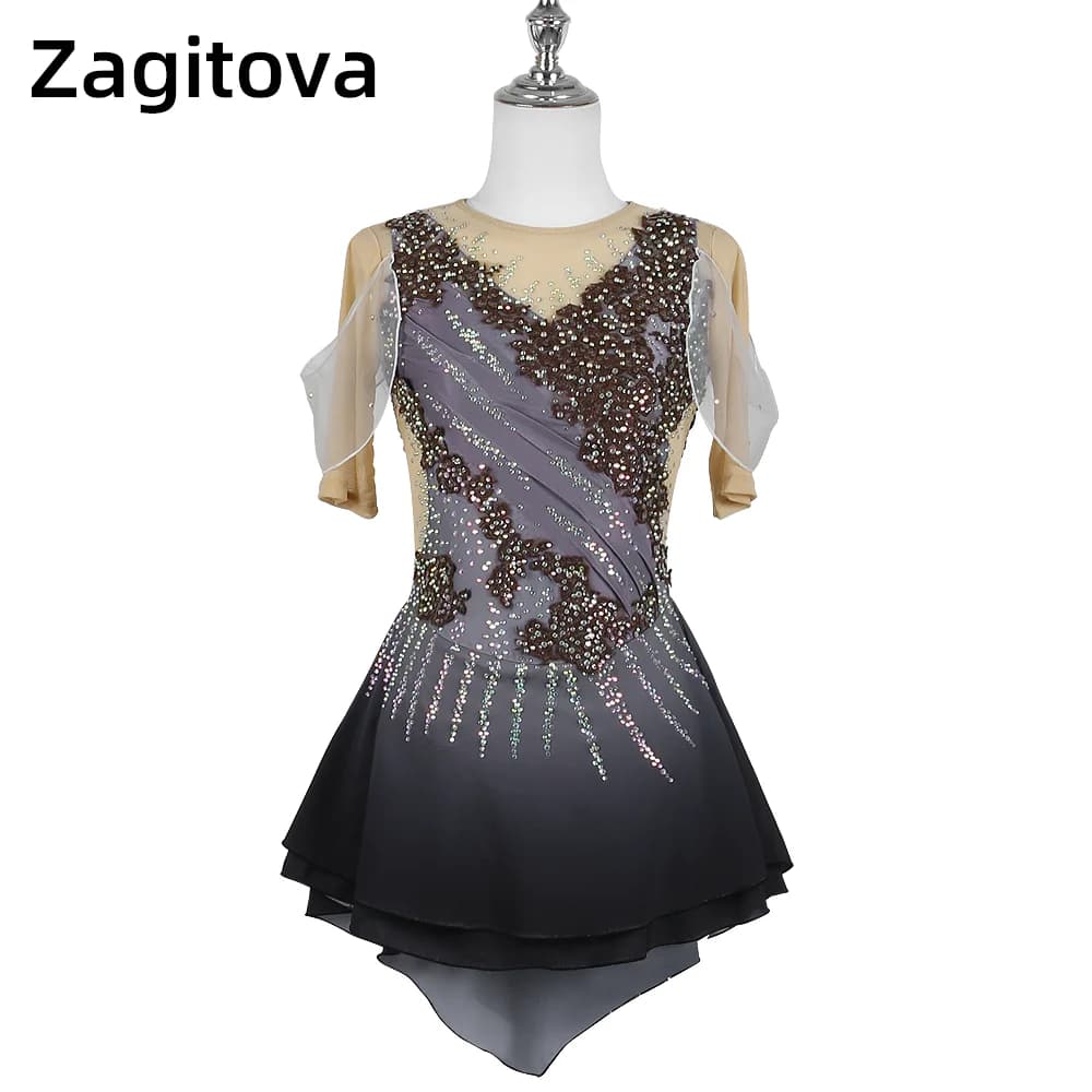 ZAGITOVA Costume da pattinaggio di figura Abito da donna per bambina Gonna da pattinaggio su ghiaccio Gonna a rete con diamanti lucidi sfumati marroni