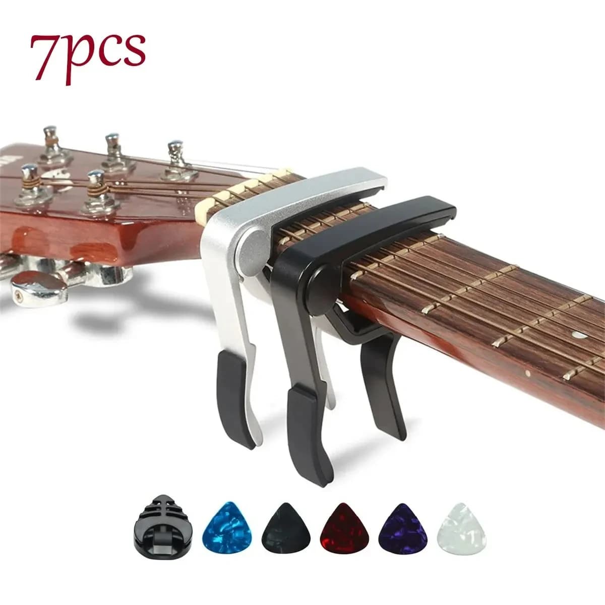 Capotasto per chitarra da 7 pezzi per chitarre acustiche ed elettriche con 5 plettri gratuiti e 1 supporto, nero; Argento