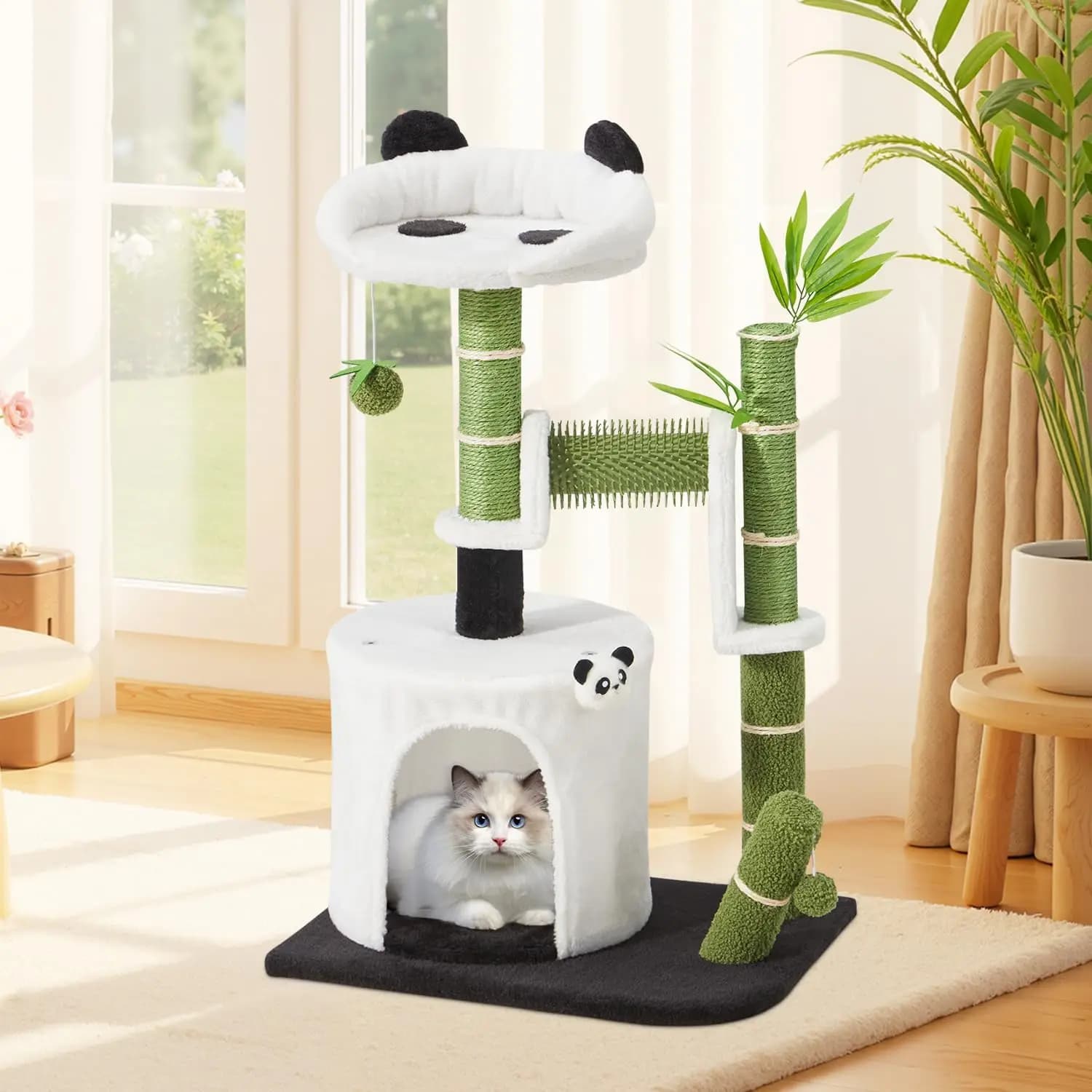 Tiragraffi per Gatti Panda, 9,35 m, Torre per Gatti da Interno con Auto-Pulitore, Tiragraffi Moderno a Due Livelli con Giocattolo Interattivo e Pendenti