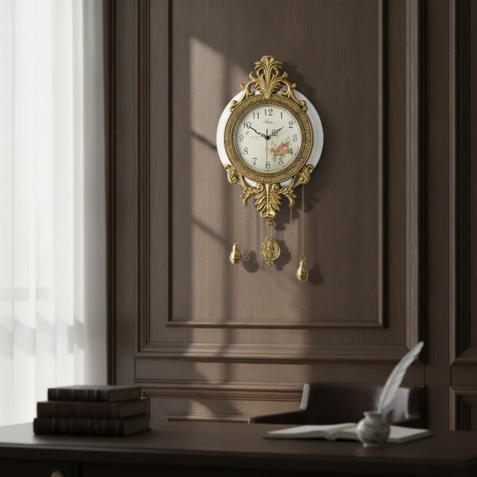 Wall Clock with Pendulum Ornate Pendulum Wall Clock Classic Stylish for Homeowners, Living Room, Bedroom