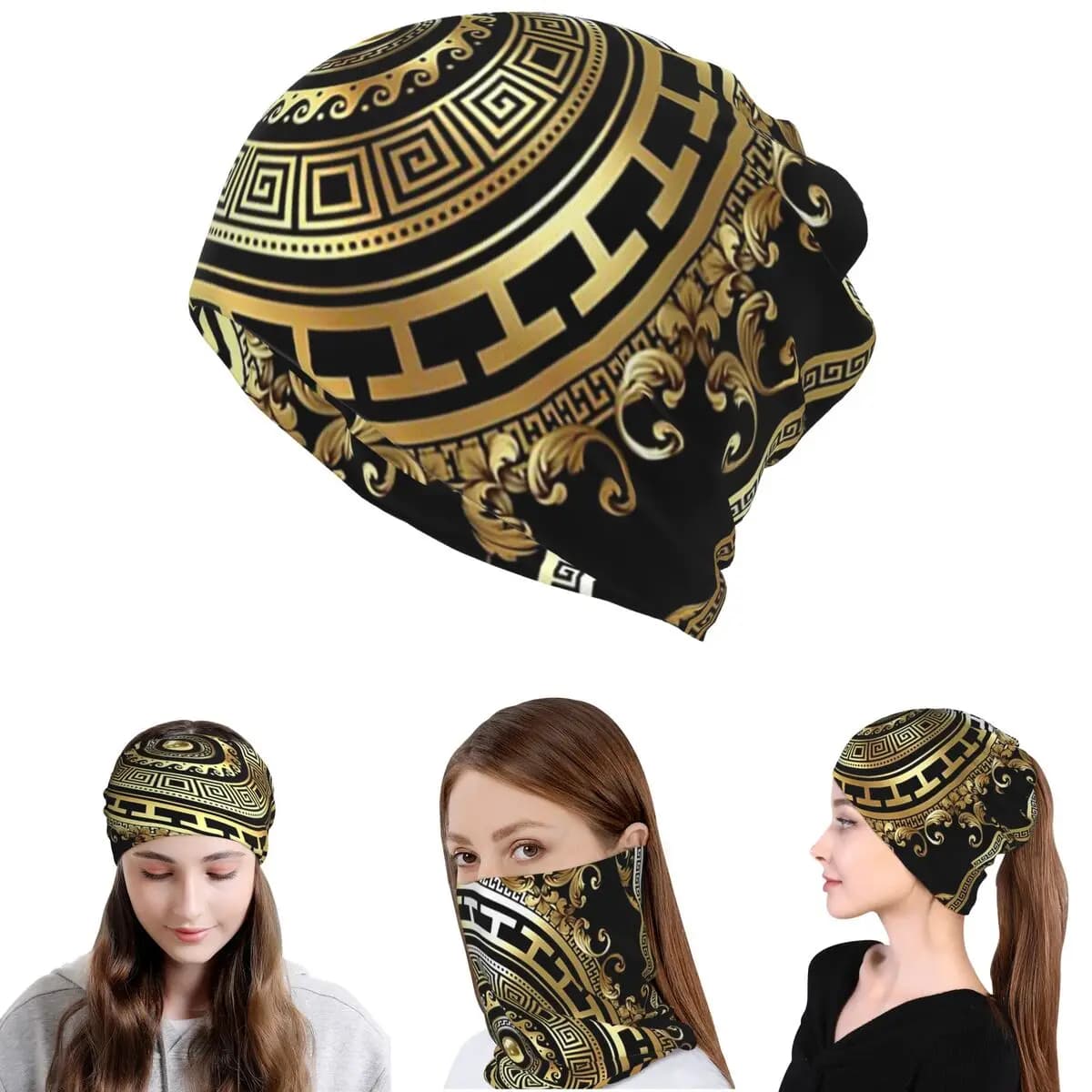 Sciarpa/Foulard Multifunzione con Motivo a Chiavi Greche, Medaglione Nero e Oro, Meandro Barocco, Antivento, per Uomo e Donna, Utilizzabile come Copricollo, Maschera Viso, Sciarpa, Berretto o Cappello
