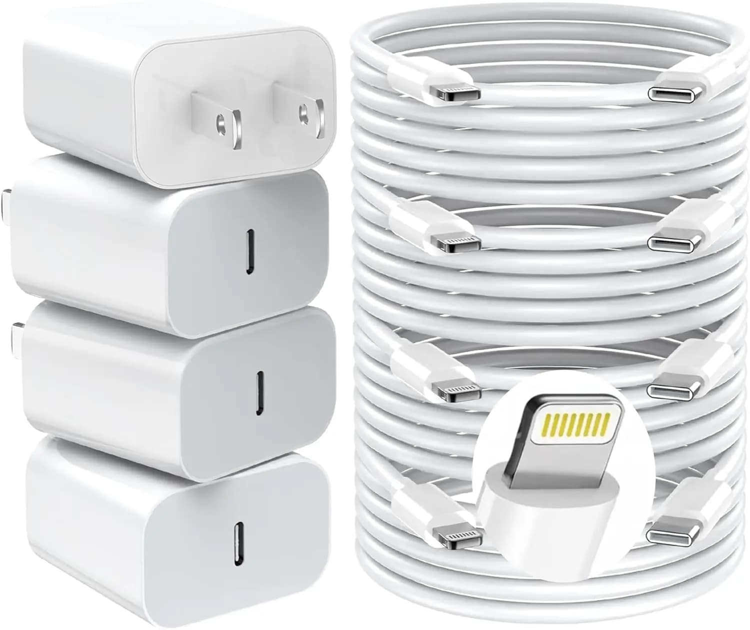 Kit di Ricarica Rapida: 4 Adattatori USB-C da Parete e Cavi da USB-C a Lightning, Compatibili con iPhone/iPad