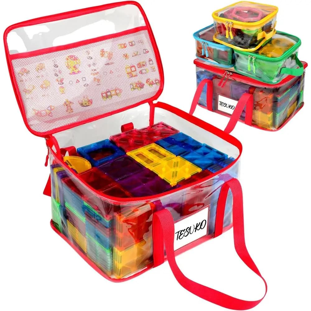 Borsa organizer compatta per piastrelle magnetiche in PVC trasparente con tasca manuale e targhetta per nome, ideale per riporre blocchi di costruzione, automobili, giochi