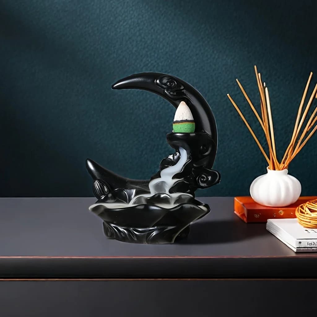 Bruciatore d'incenso a riflusso a forma di luna, 1 pz, in resina, decorazione per la casa, incenso per interni, artigianato creativo in resina in stile cinese