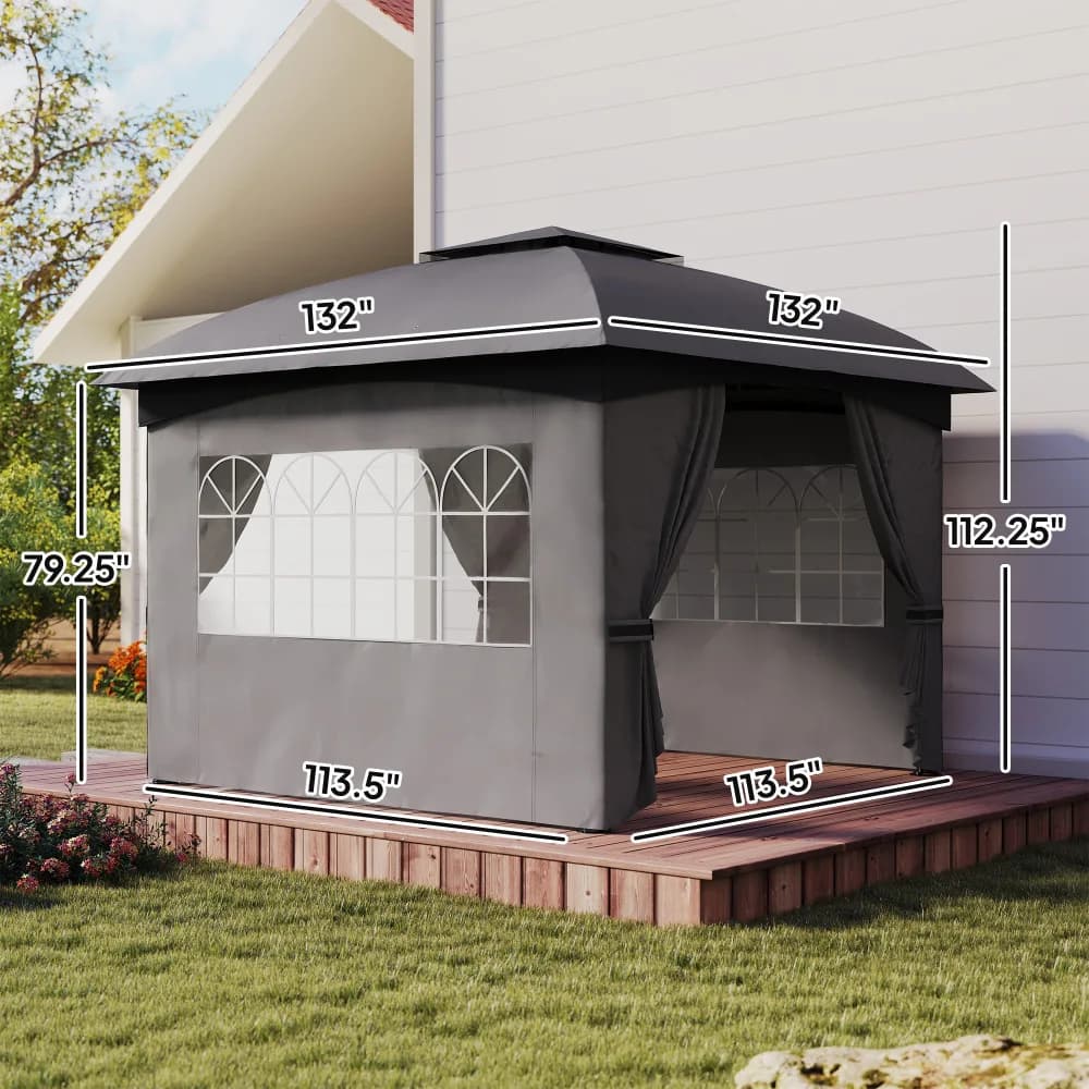 Outsunny 11' x 11' Outdoor Patio Gazebo with Curtains, Church Windows, Galvanized Steel Frame for Lawn, Backyard and Deck, Dark Gray