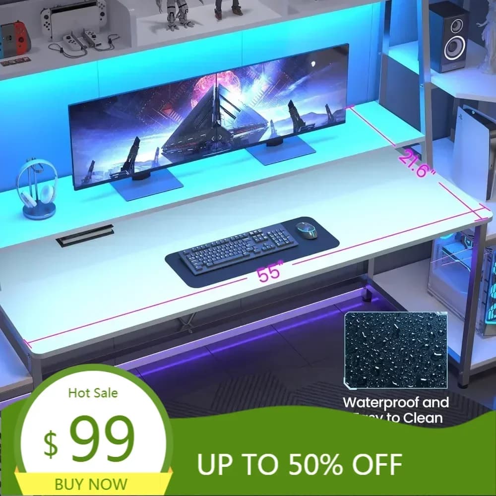 78.8" illuminated gaming desk with storage space and support, monitor support included, spacious workstations for players on PC