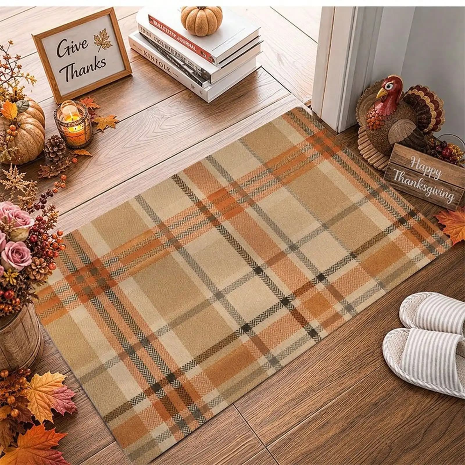1pc Indoor Entrance Door Mat Autumn Plaid Print Pattern.Flannel Material Non-Slip Comfortable Easy To Clean.Ideal Choice For Thanksgiving.Farmhouse Rustic Beige Orange Checkered Decor