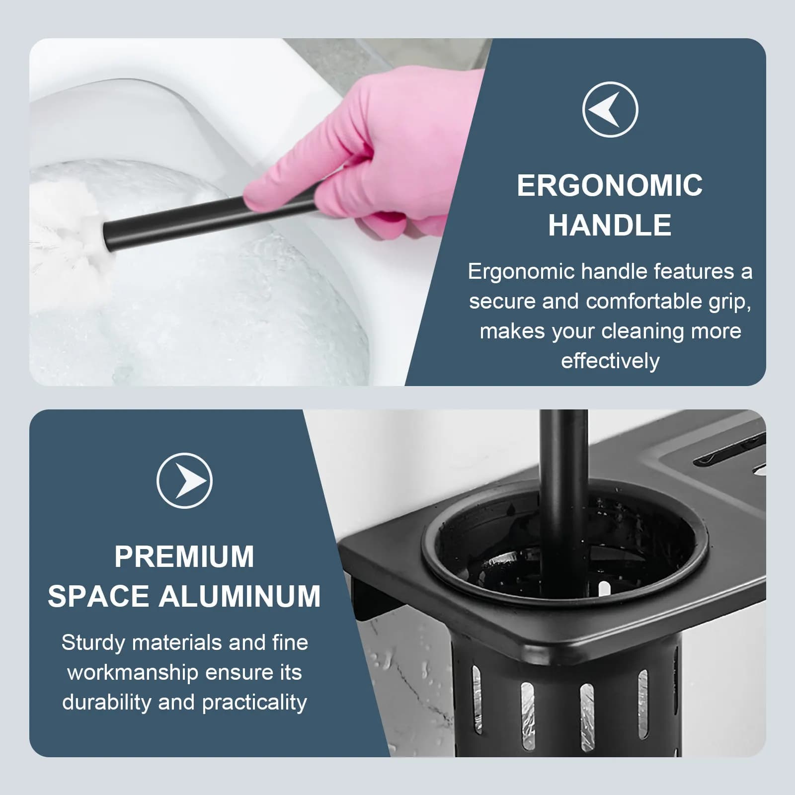 Set di 1 Spazzola per la Pulizia del WC in Alluminio Spaziale Robusto con Supporto a Parete e Impugnatura Ergonomica per il Bagno