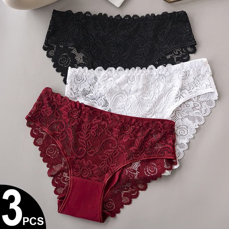 Set di 3 Pezzi: Mutandine di Lusso con Ricamo Floreale in Pizzo, Slip Sexy Traforati, Lingerie Femminile, Biancheria Intima Traspirante per Signore