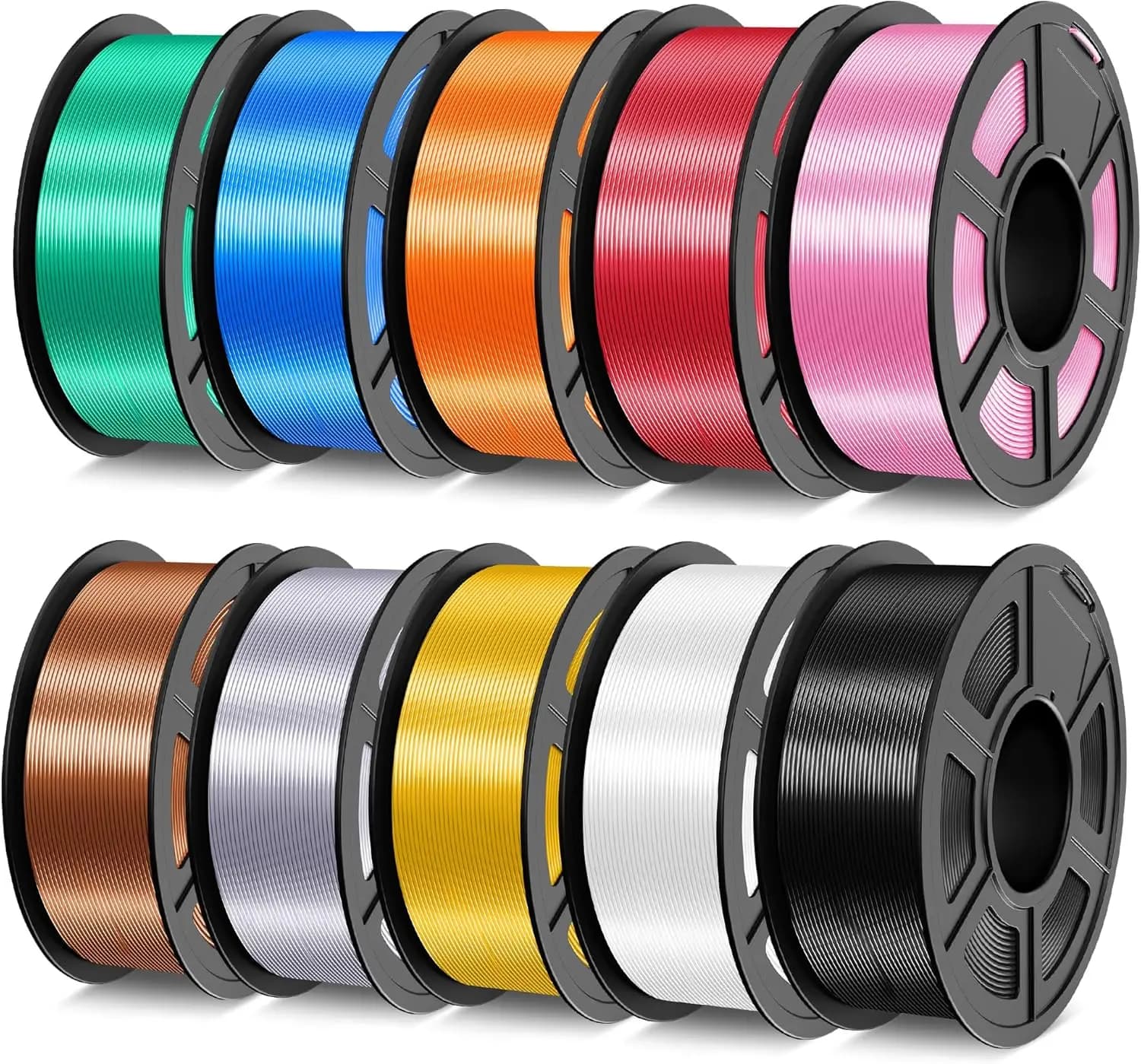 Silk Filament Bundle, 10KG Shiny Silk PLA Filament with Smooth Silky Surface, Pack of 10, Light Gold+Sliver+Black+White+Red Copp