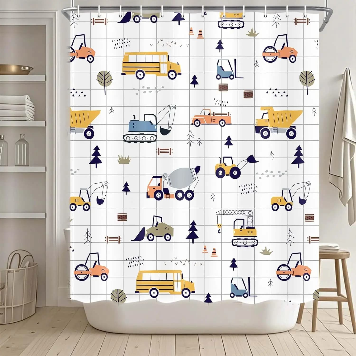 Tenda da doccia per escavatore per bambini, tenda da doccia per camion dei cartoni animati Decorazione per tende da bagno per camion da costruzione carino, bambini impermeabili