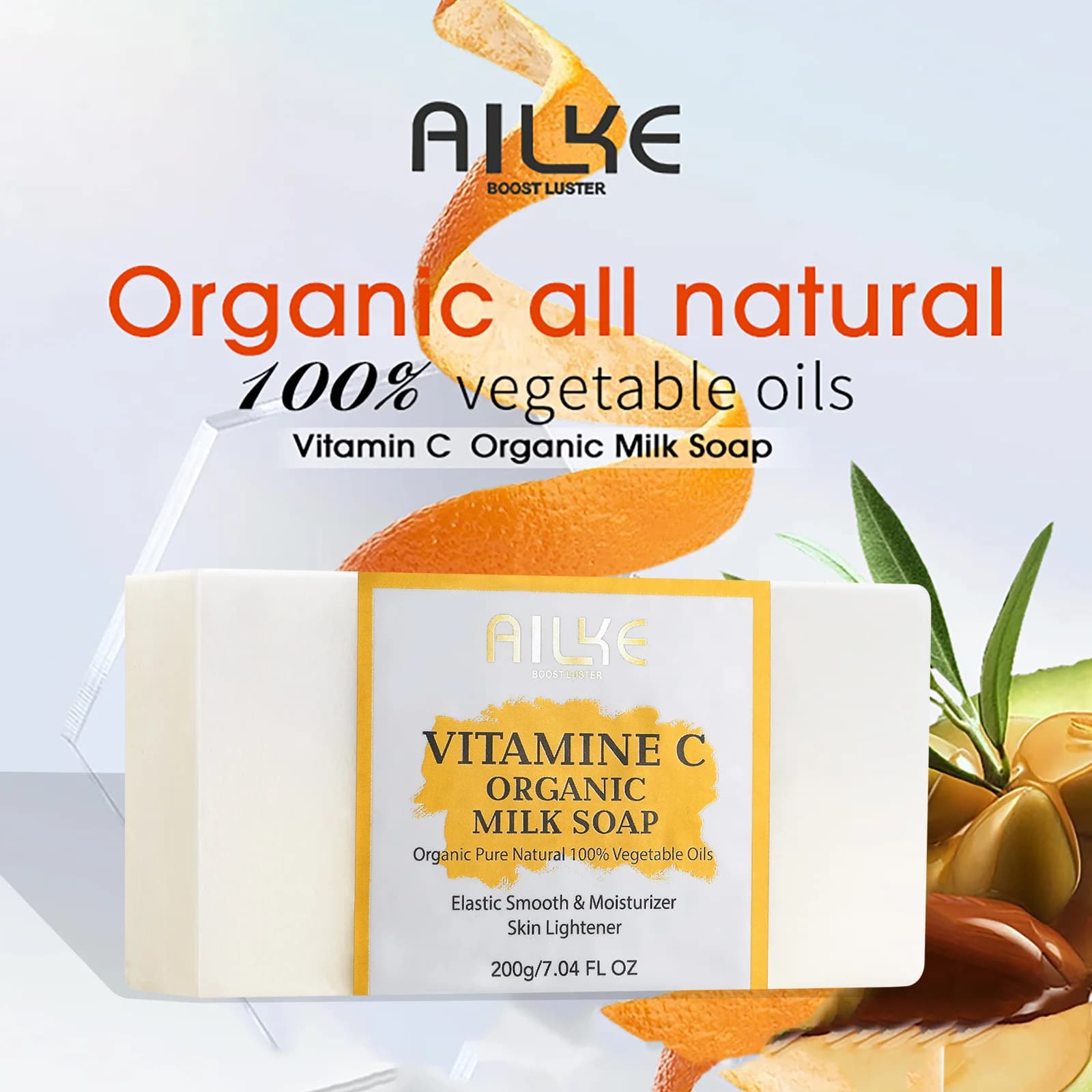 AILKE Vitamin C organic milk soap, whitening, reduces wrinkles, anti-aging, smooth and softens skin, for face, body, 200 g/7 oz