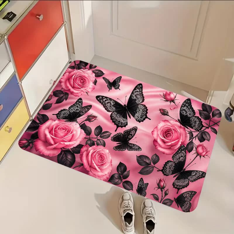 Pink Silk Rose Black Lace Butterfly Non Slip Doormat Elegant Floral Front Entrance Rug Indoor Outdoor Home Floor Decor