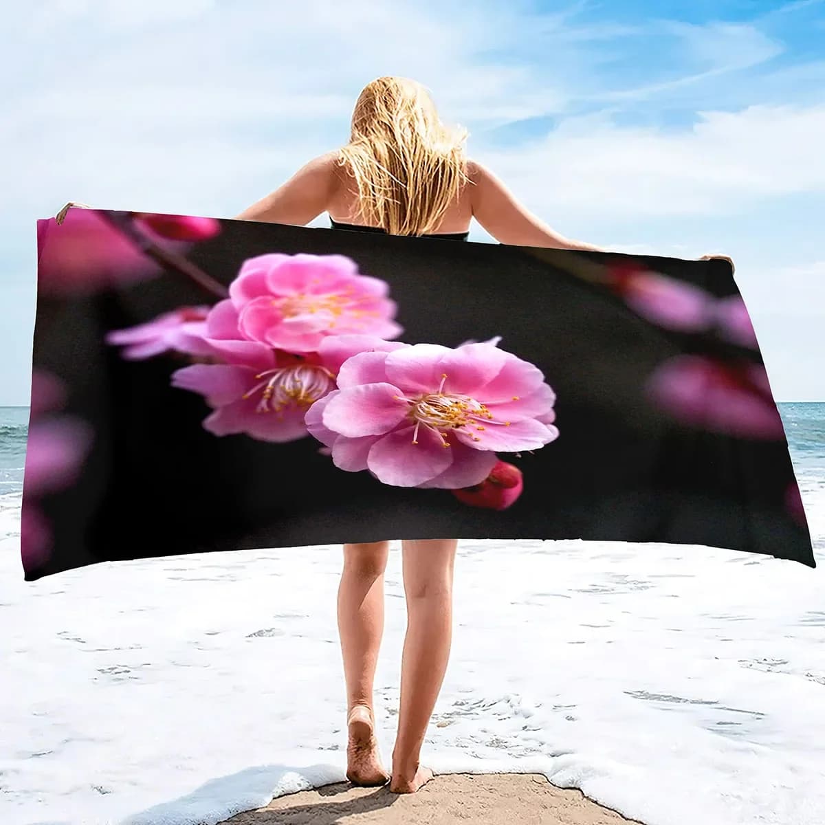 Asciugamano da spiaggia in microfibra Fiore Elegante fiore di ciliegio Asciugamani da bagno assorbenti ad asciugatura rapida Coperta Arazzo per viaggi Yoga Donna Uomo