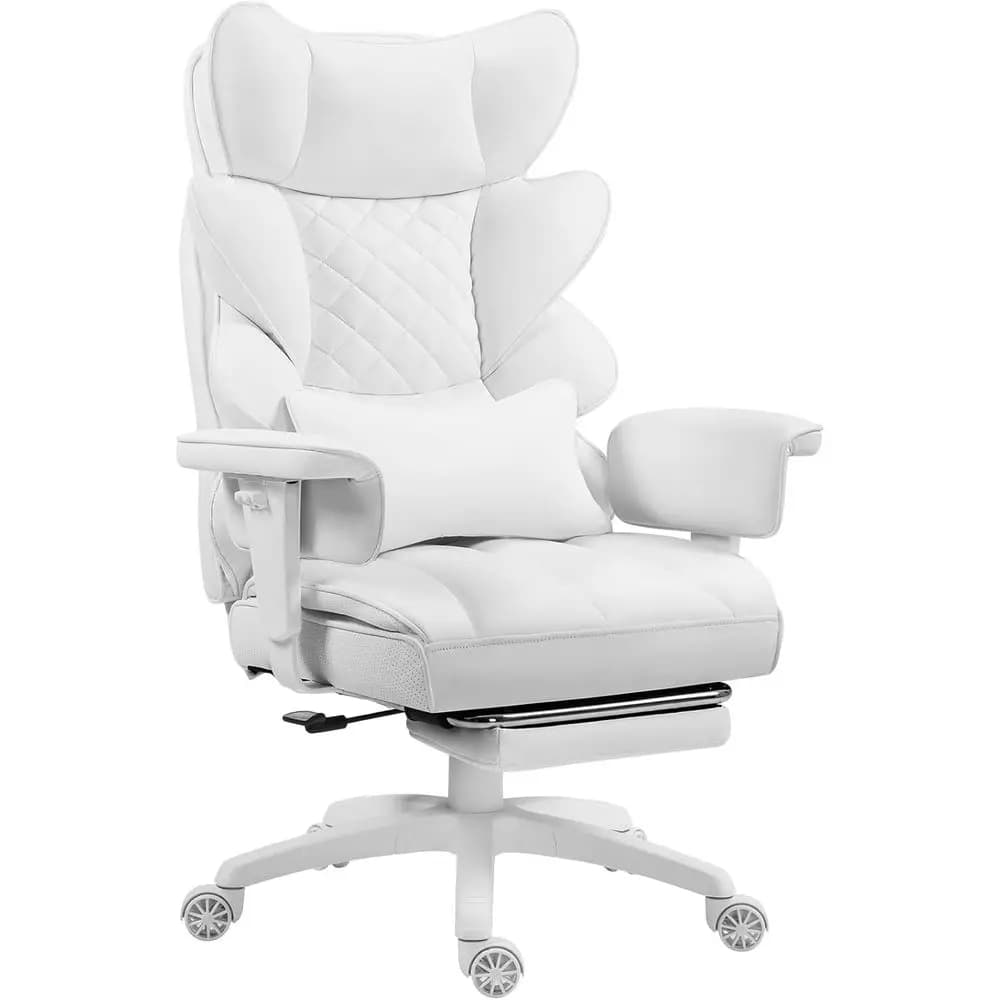 Sedia da Gaming Ergonomica con Schienale Alto, Supporto Lombare e Braccioli Regolabili, Sedia da Ufficio in Pelle Bianca con Poggiapiedi