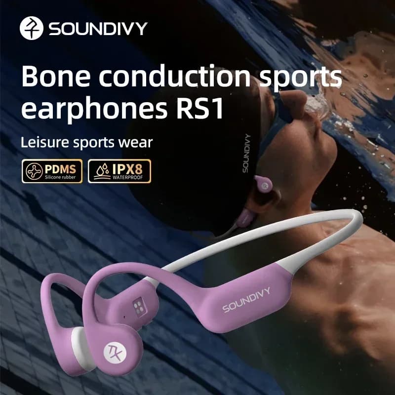SOUNDIVY RS1 Auricolari da nuoto impermeabili IPX8 a conduzione ossea aperta Auricolari da appendere all'orecchio con memoria da 32 GB