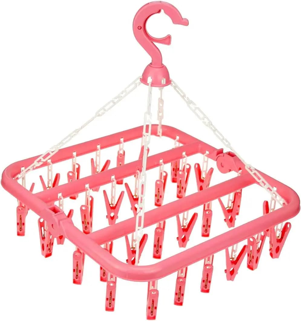 Appendiabiancheria pieghevole con 32 clip, 360 ° Stendibiancheria Girevole per Calzini, Reggiseni, Asciugamani, Vestiti per Bambini - Rosa