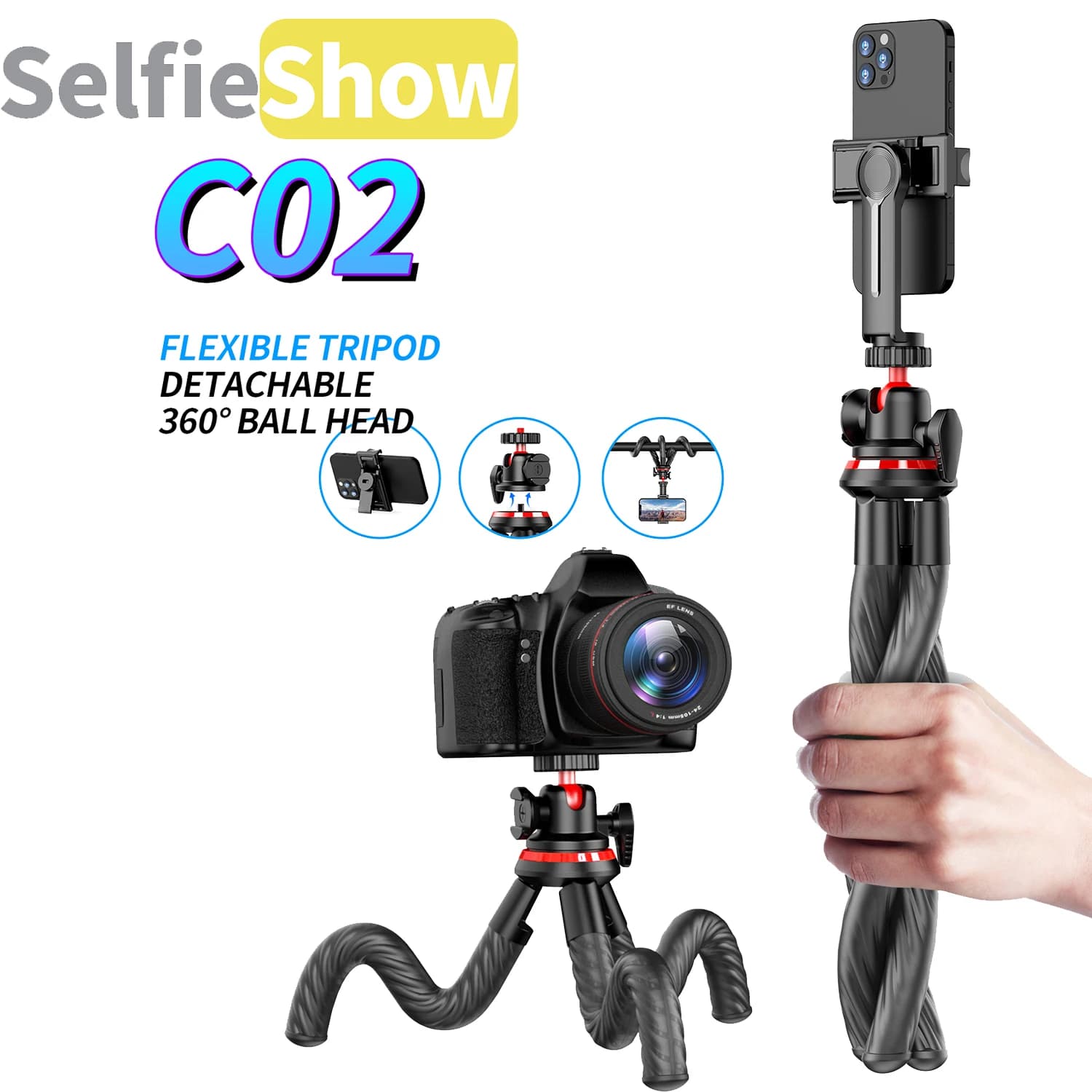 C02 Treppiede flessibile Clip per telefono autonomo Selfie Stick Stabilizzatore per telefono Supporto per supporto Tripe per fotocamera DSLR per telefono