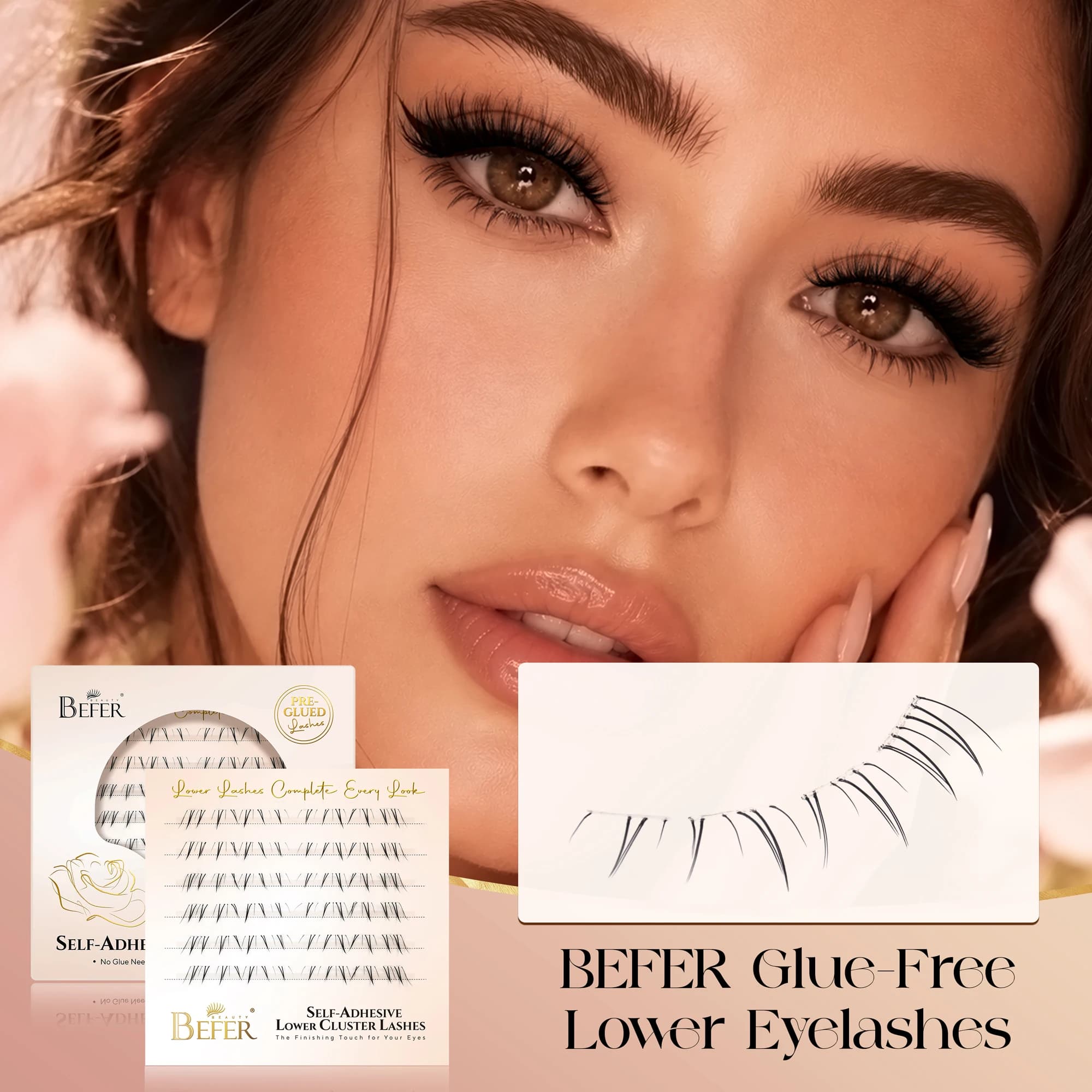Befer No Glue Needed Lower Lashes Natural Look Self-Adhesive False Eyelashes Manga Glue-Free Bottom Lashes Soft Under Eyelashes