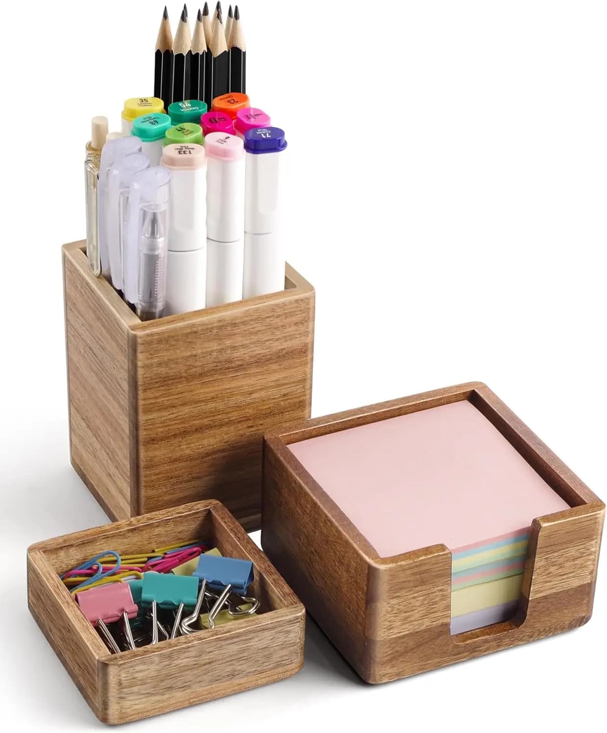 Set Organizzatore da Scrivania in Legno di Acacia con Porta Note Adesive, Portapenne e Contenitore per Graffette per Ufficio