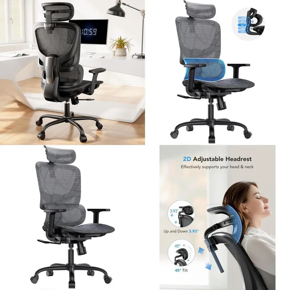 Sedia da Ufficio Ergonomica con Schienale Alto in Rete, Supporto Lombare a 5 Livelli e Braccioli Regolabili per Gaming o Home Office Confortevole