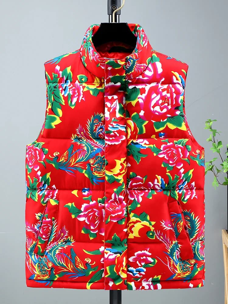 Trendy Cotton Vest for Men And Women Warmth Collar Jacket Northeast Large Flower National Style Stand Collar Men's Vest