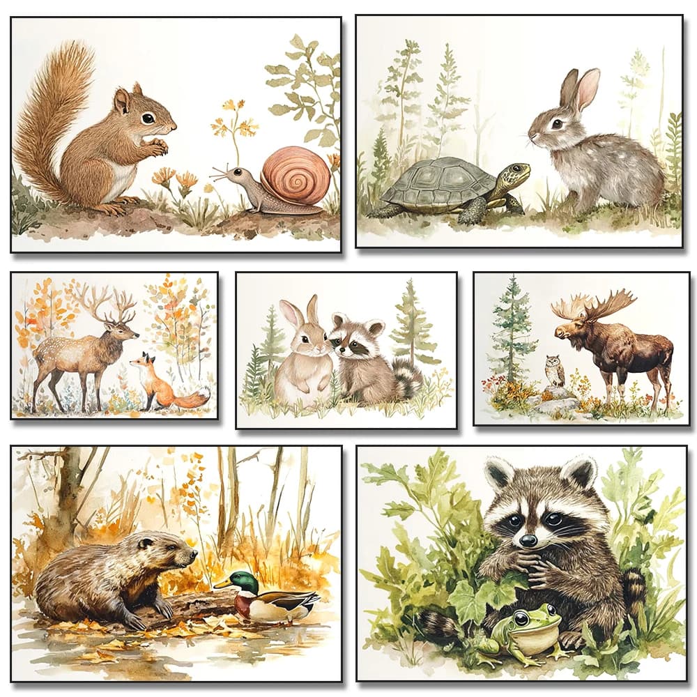 Forest Animal Rabbit Turtle Squirrel Cartoon Illustration Posters Prints Canvas Painting Wall Art Picture Living Room Home Decor