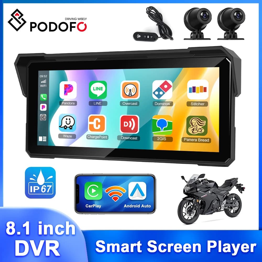 Podofo 8.1 '' Moto Carplay Android Auto Smart Screen Player con doppia telecamera IP68 EQ impermeabile Rilevamento della pressione dei pneumatici